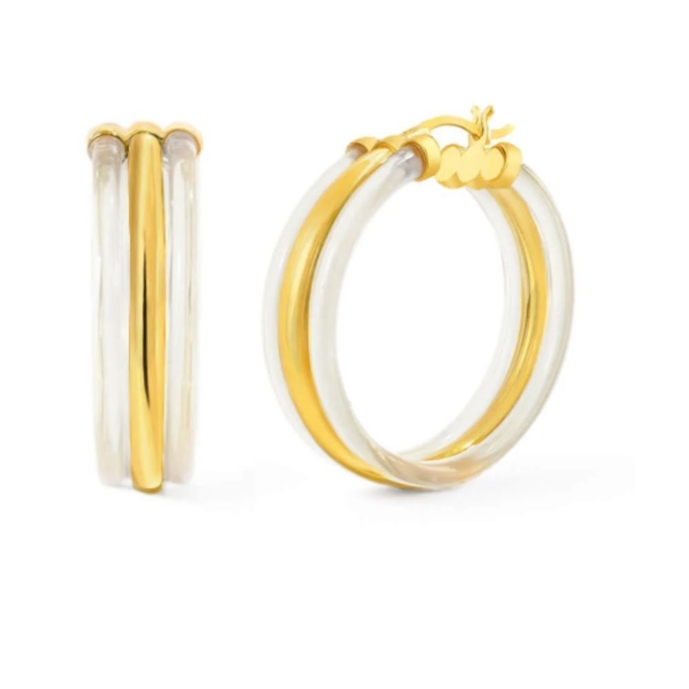 14K Gold Plated Sterling Silver & Clear 1.5 Inch Hoop Earrings BRAND NEW